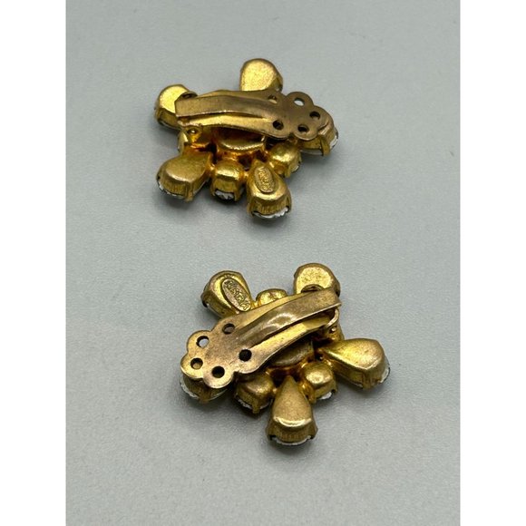 Vintage Made in Austria Clip On Rhinestone Earrings Aurora Borealis Gold Tone - Picture 5 of 7